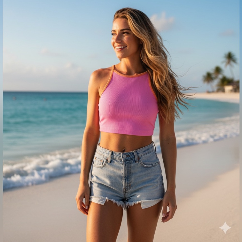 BEACH RIOT Pink and Orange Women's Crop Top bikini top small
